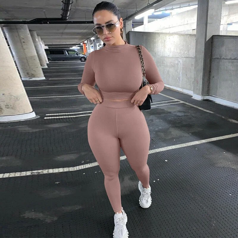 Hugcitar 2020 Long Sleeve Sexy Crop Tops Leggings 2 Pieces Set Summer Women Streetwear Outfits Pure Tracksuit Joggings Suit