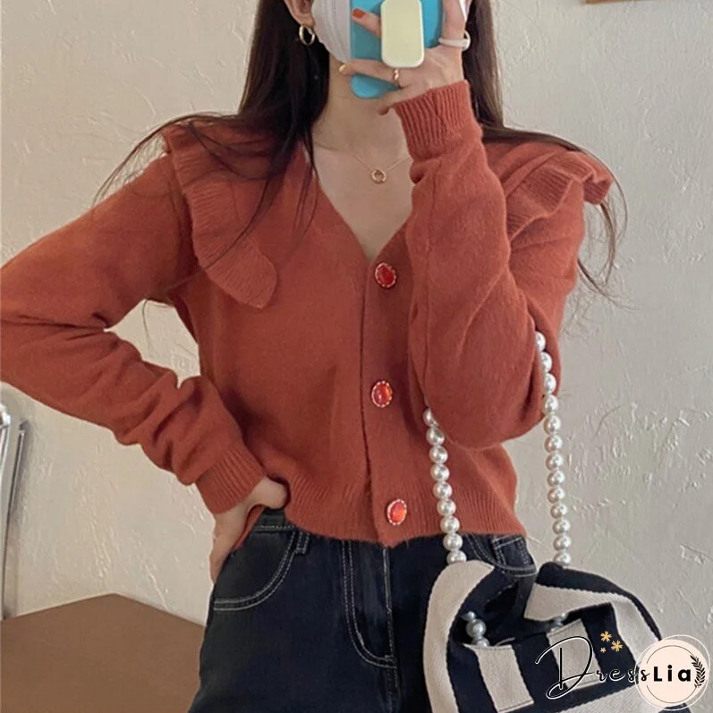 Joskka New Women's Autumn Winter Sweaters Buttons Cardigans Vintage Korean Knitted Ruffle Fashionable Elegant Lady Tops