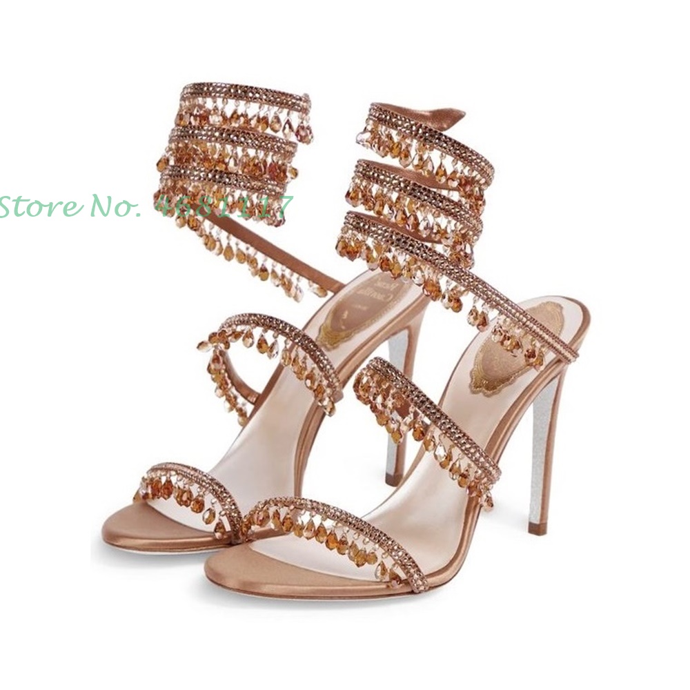 Cross Strap Crystal Pendant Sandals With Heel Women Newest Open Toe Bling Sandals Bare Heels Thin Heels Casaul Summer Sandals