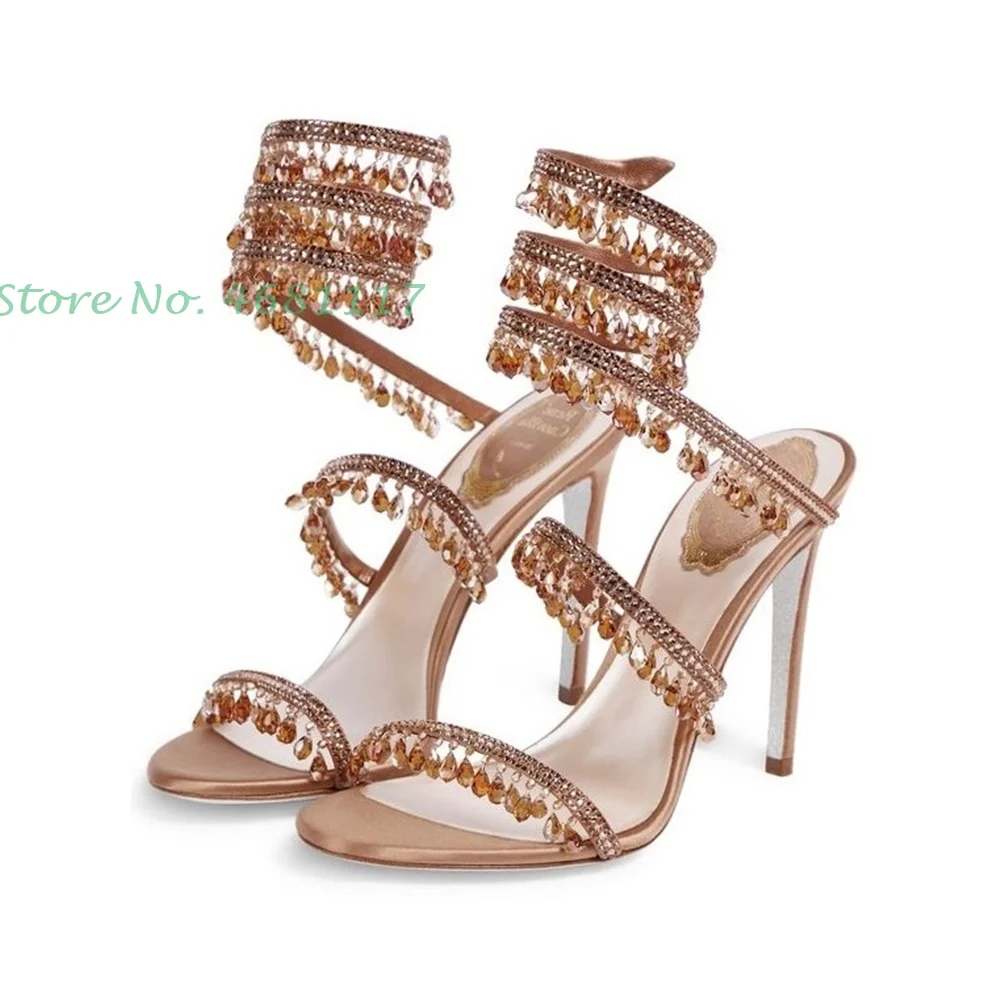 Cross Strap Crystal Pendant Sandals With Heel Women Newest Open Toe Bling Sandals Bare Heels Thin Heels Casaul Summer Sandals