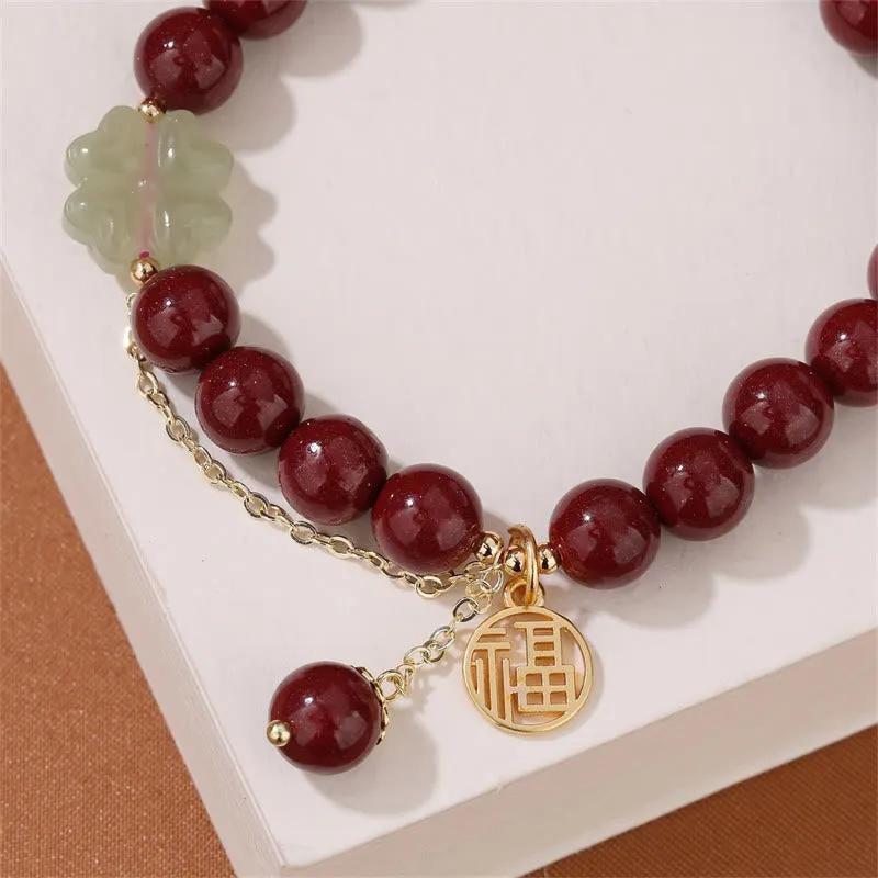 Cinnabar Fu Character Hetian Jade Lucky Four Leaf Clover Blessing Bracelet