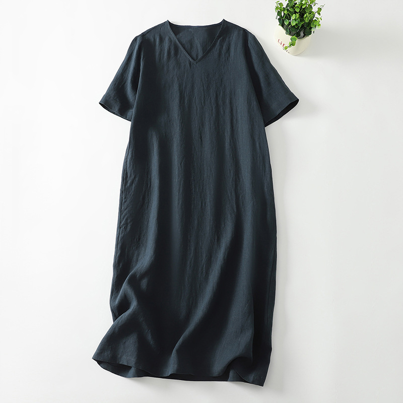 Women's Solid Color Straight Loose Fit Linen Blend Short Sleeve Dress elevenforest