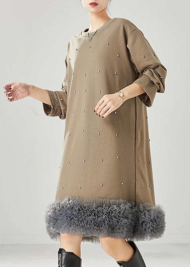 Khaki Patchwork Cotton Sweatshirts Dress Oversized Ruffled Spring