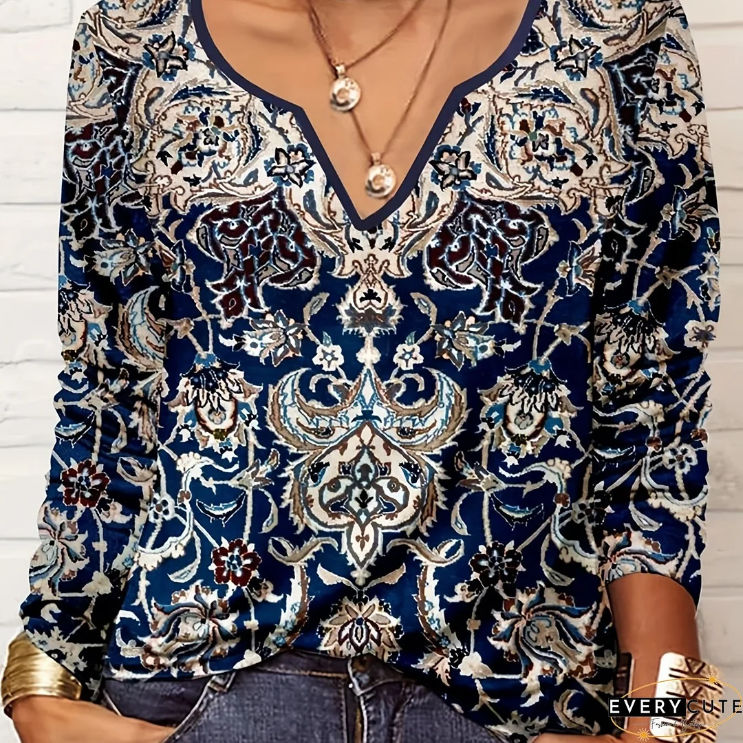Plus Size Boho Top, Women's Plus Arabesque Print Long Sleeve Notched Neck Tunic Top