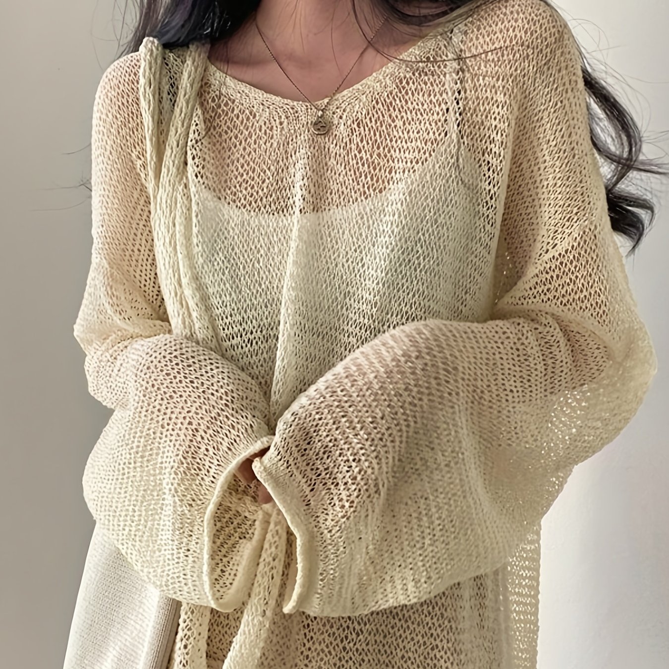 Solid Knitted Pullover Top | Casual Crew Neck Long Sleeve Crochet Cover-Up for Women