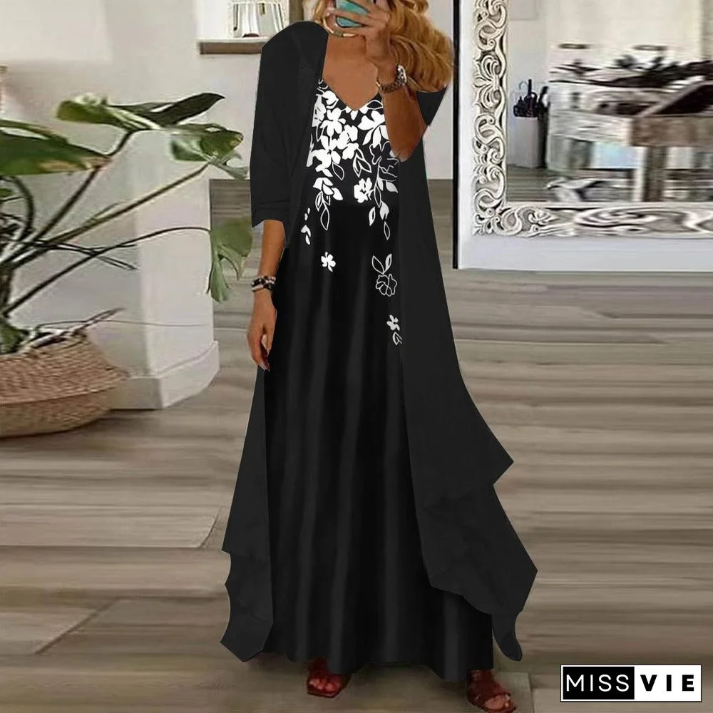 Black and White V-Neck Maxi Dress With Thin Jacket Two Piece Outfits