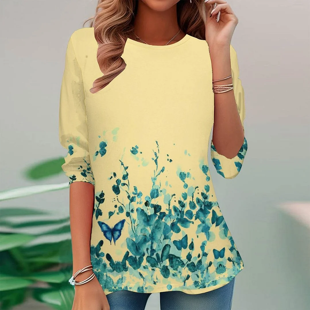 Vintage Printed Long Sleeve Plus Size Tunic for  Women and Men Unisex Pattern Blue,Yellow,Floral
