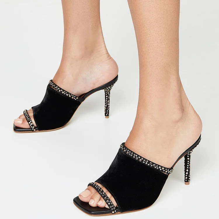Black Velvet Rhinestone Stiletto Heel Mules for Women |FSJ Shoes