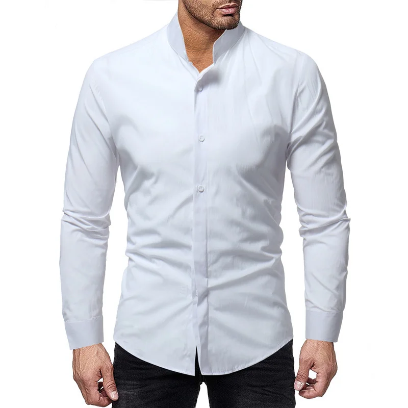 Men's Solid Color Standing Collar Slim Long Sleeve  Shirt