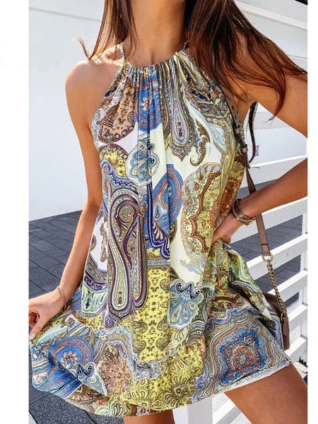 Women's Sleeveless Halter Floral Printed Midi Dress