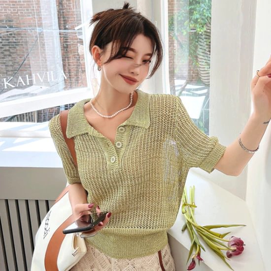 Zingj Crochet Knit Top Summer Polo Shirt Women 2022 Green Pink Short Sleeve Top Poloshirt Korean Fashion Clothing