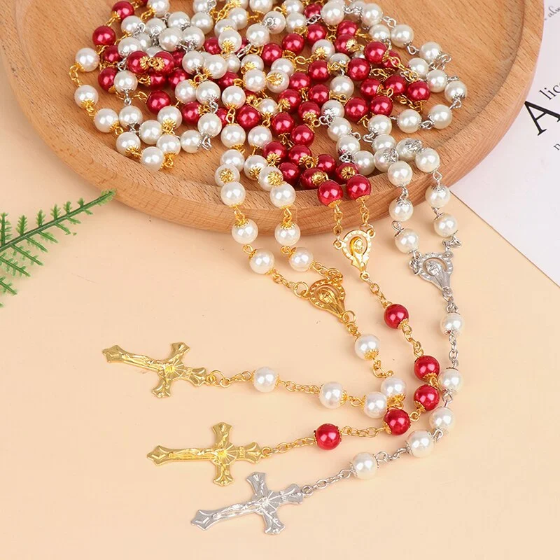 Catholic Pearl Long Chain Cross Necklace Rosary Cross Jesus Religious Jewelry