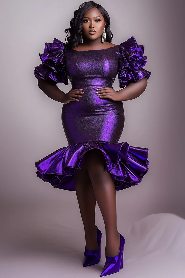 Xpluswear Design Plus Size Cocktail Party Purple Round Neck Puff Sleeve Half Sleeve Ruffle Glitter Midi Dresses [Pre-Order] 2024 - Xpluswear