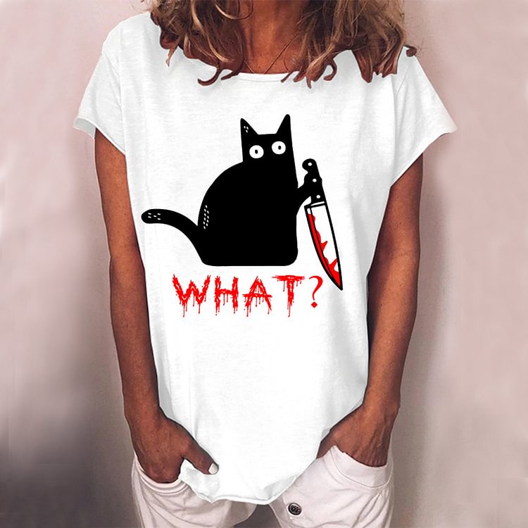 Comstylish Holding Knife Black Cat What Loose T Shirt