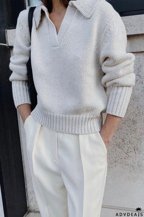 V Turndown Collar Sweater