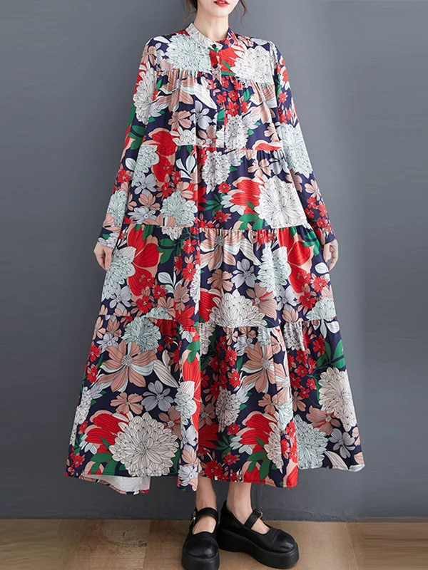 Long Sleeves Loose Floral Printed Round-Neck Midi Dresses