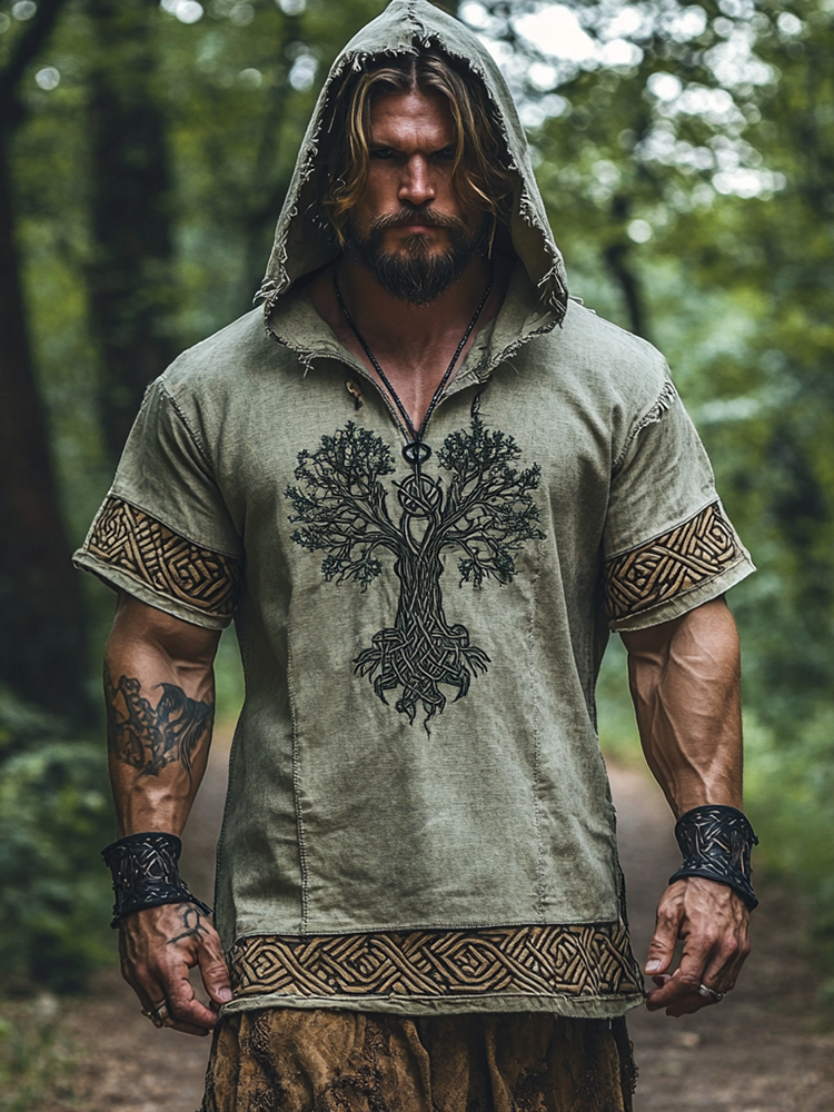 Men's Print Tree Of Life Tribal Jacquard Inspired Short Sleeve Hoodie / Rvogue / Rvogue