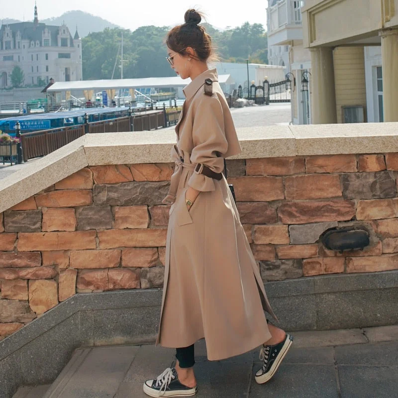 England Style Women Trench Coat Long Double-Breasted with Belt Female Outerwear Spring Autumn Lady Clothes Loose Oversize