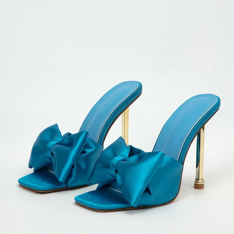 Fashion Party Metal High Heels Slippers Female Silk Butterfly-Knot Designer Gladiator Sandals Open Toe Summer Women Shoes Pumps