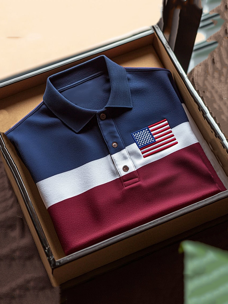 Comstylish Men's Business Casual Striped Independence Day Button Short Sleeve Polo Shirt