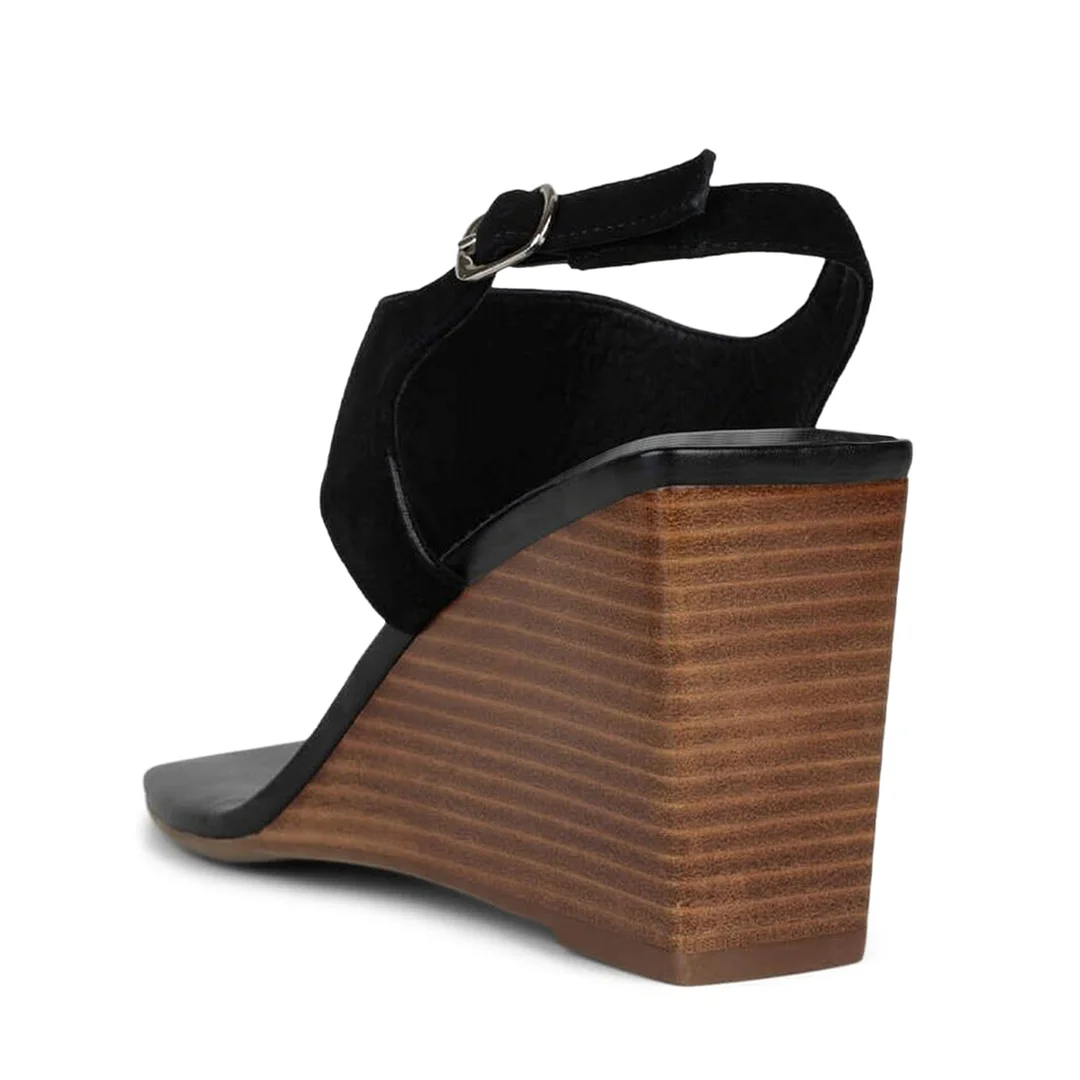 Black Vegan Leather Buckle Strappy Wedge Heel Sandals for Women