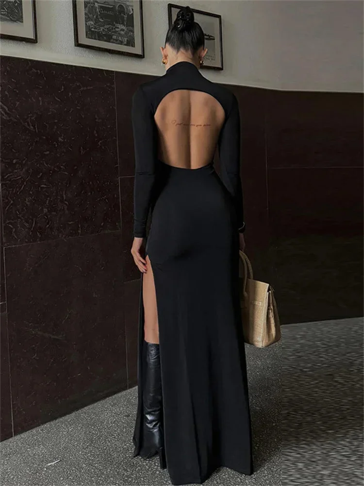 Huiketi Black Backless Slim Long Dress For Women High Split Fashion Long Sleeve Patchwork Party Dress Ladies Elegant Maxi Dress