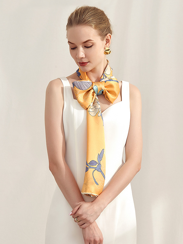 Yellow Silk Scarf New Ladies Plain Crepe Satin Floral Style