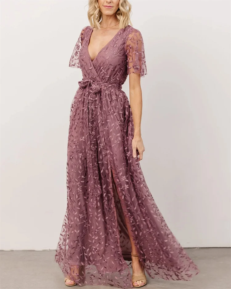Women's V-neck Mesh Embroidery Dress