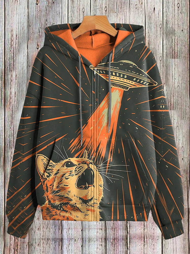Women's Terrified Cat Meets UFO Retro Future Art Print Hooded Zip Up Jacket