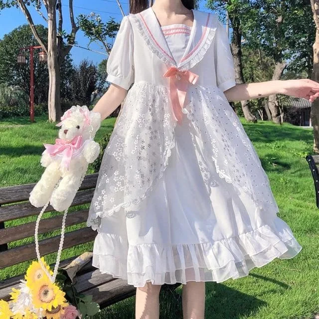 Kawaii Bow Lolita Navy Collar Lace White Mid Long Dress SS0825