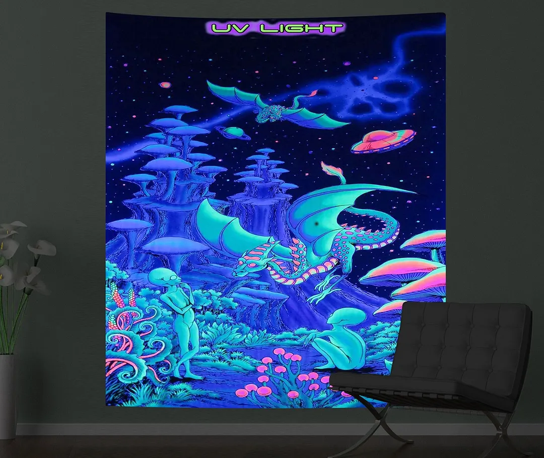 Mushroom Psychedelic Fluorescence Tapestry Wall Hanging Cloth Bedroom Decor Psychedelic Art Poster Glow Under Ultraviolet Light