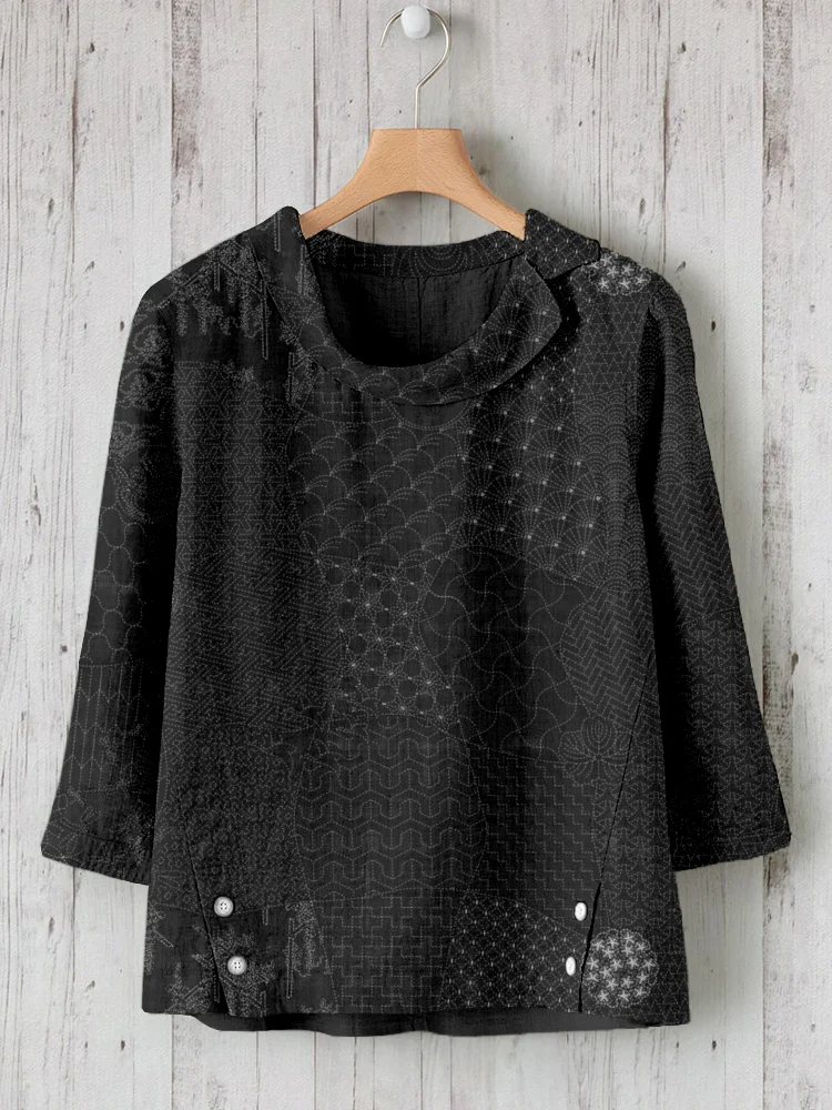 Japanese Traditional Sashiko Art Linen Blend Comfy Tunic