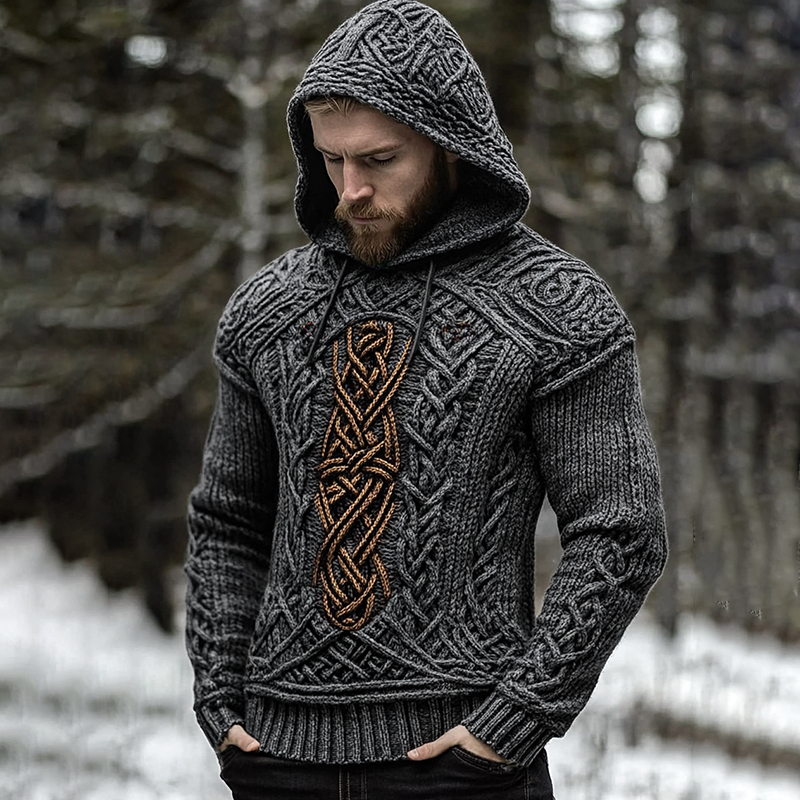 Men's Viking Jacquard Celtic Inspired Cozy Knit Hooded Sweater