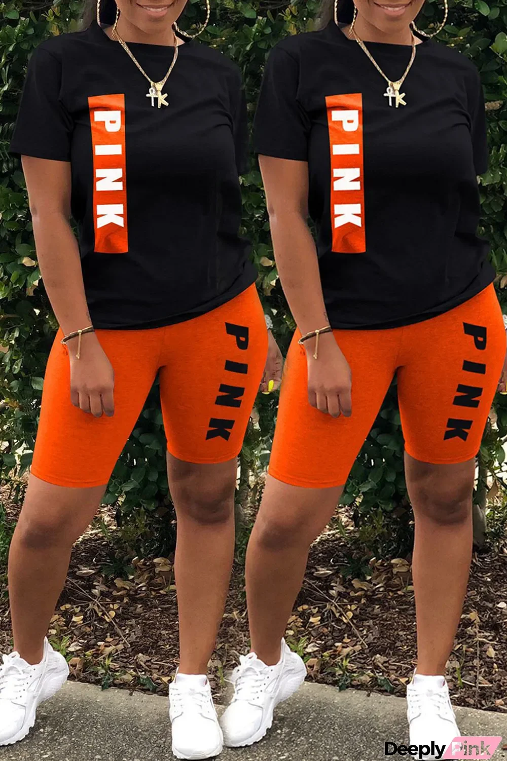 Orange Casual Letter Print Patchwork O Neck Short Sleeve Two Pieces