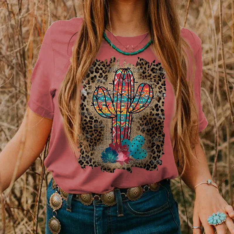 Leopard Colorful Cactus Printed Women's T-shirt