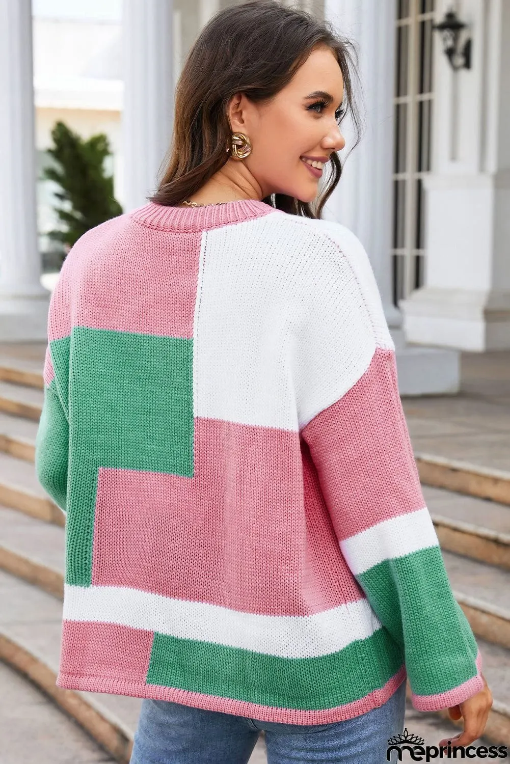 Round Neck Color Block Dropped Shoulder Sweater