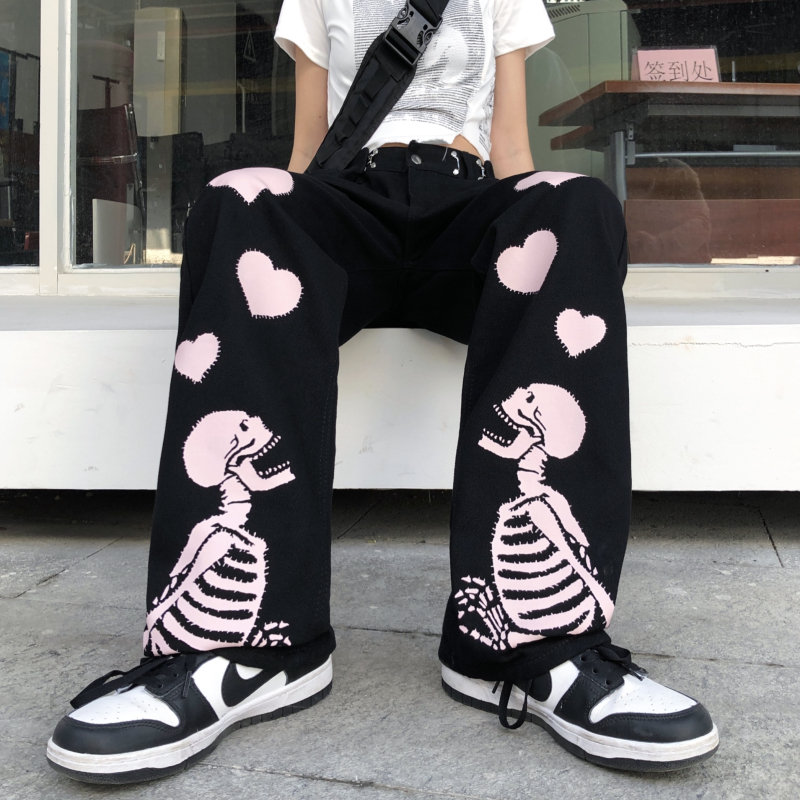 PINK HEART SKULL LOOSE JEANS