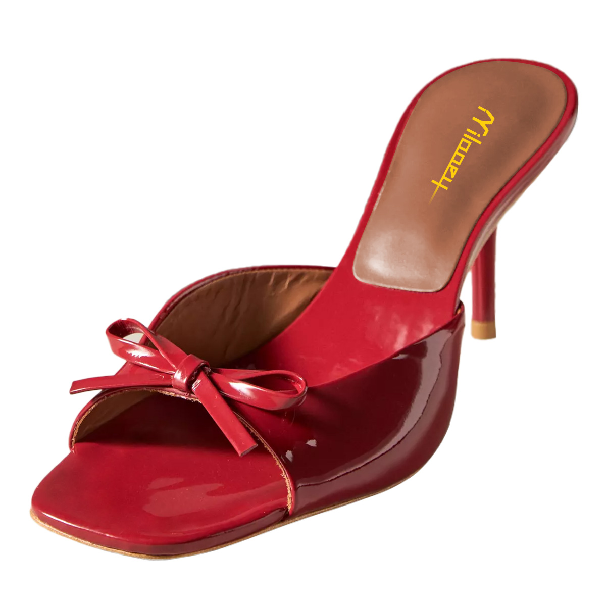 Square Toe Stiletto High Heel Bow Decor Red Mule Shoes for Women Nicepairs