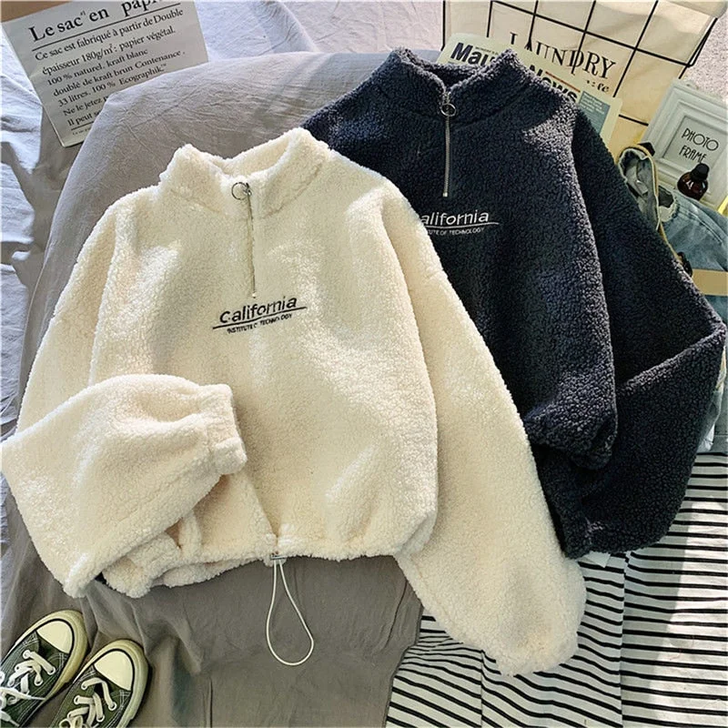 2022 Autumn Winter New Cashmere Sweatshirt Women's Fashion Plush Loose Letter Korean Short Jacket Kpop Sweatshirt