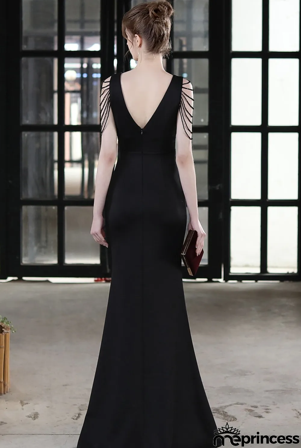 Summer Formal Black Chains Slit V-Neck Evening Dress