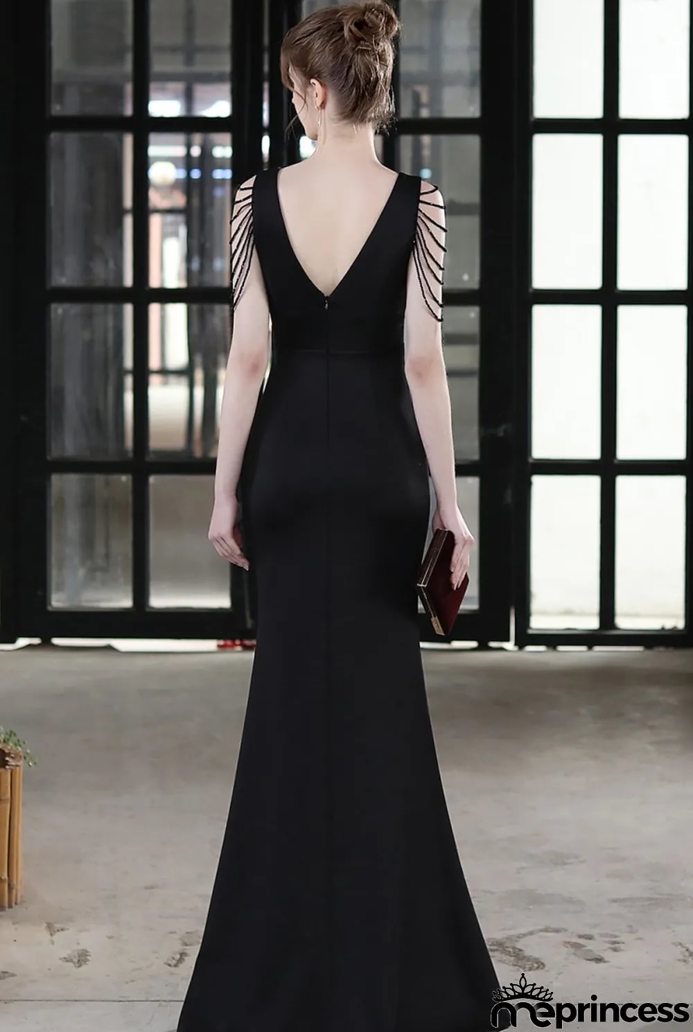 Summer Formal Black Chains Slit V-Neck Evening Dress