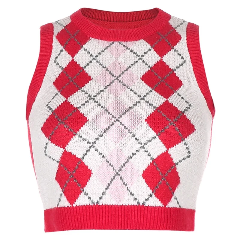 Rapcopter y2k Sweaters Plaid Patched Knitwear Sleeveless V Neck Knitted Tank Top Preppy Style Pullovers Crop Top Autumn Women
