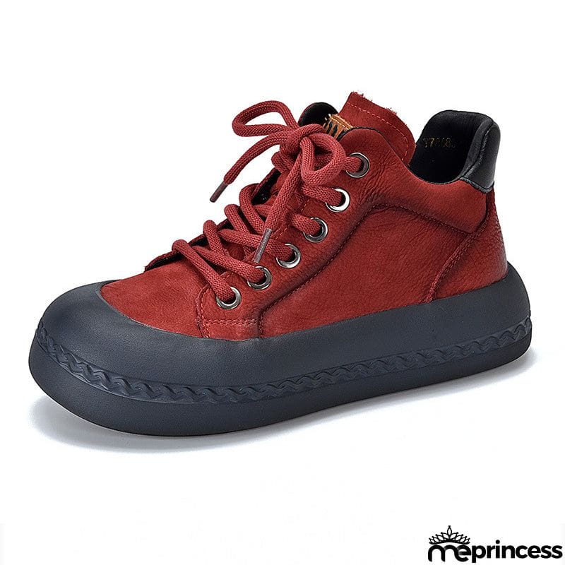 Genuine Leather Retro High Top Thick-soled  Lady Shoes