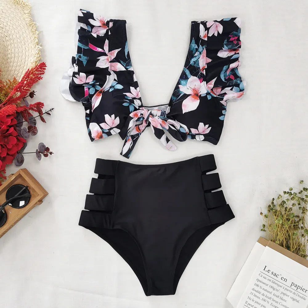 Brownm Bikini2025 New Lotus Edge Bikini Split Swimsuit Sexy High Waist