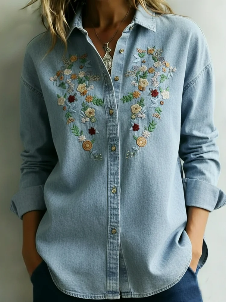 Love-filled Floral Embroidered Denim Shirt