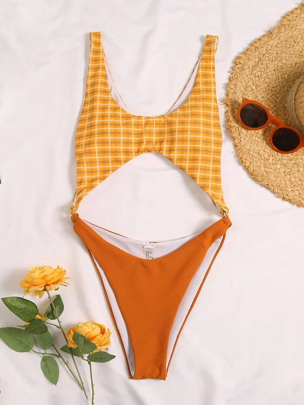Plaid Printed Split-Joint Hollow One-Piece Swimwear 