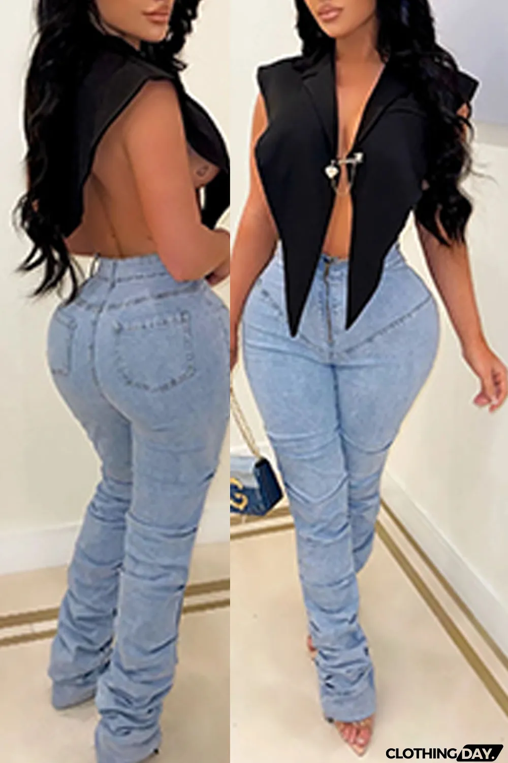 White Sexy Solid Split Joint Turndown Collar Tops (With a brooch)