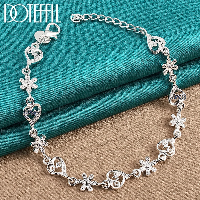 925 Sterling Silver Full Heart Love Flower Chain Bracelet For Women Jewelry