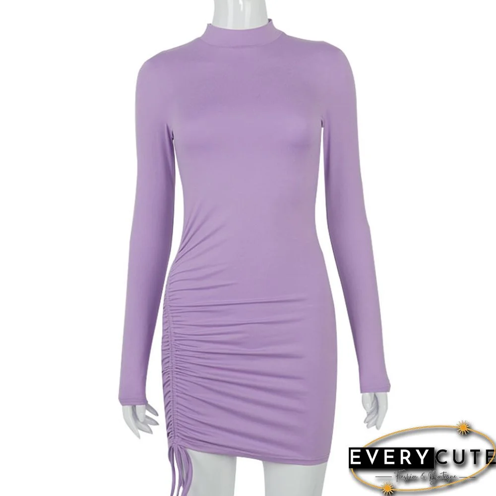 Long Sleeve Ruched Bodycon Dress Women Turtleneck Bandage Mini Dresses Autumn Black Skinny Stretchy Party Vestidos