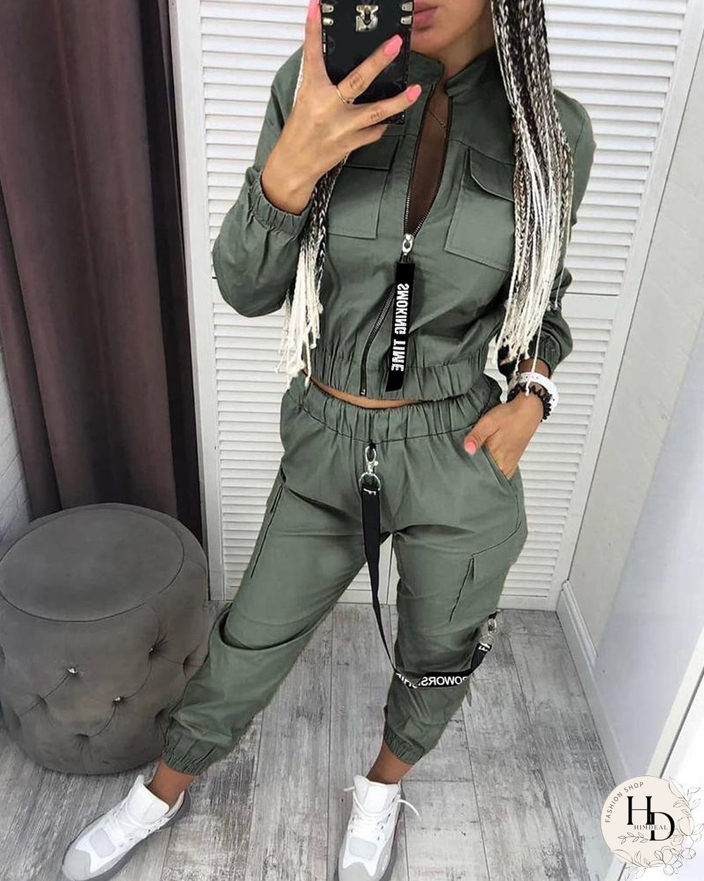 Pockets Zipper Design Ruched Coat & Cargo Pants Set